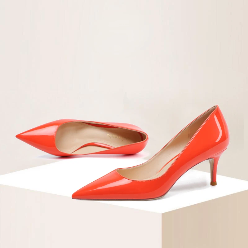 Spring Autumn New Sexy Orange Patent Leather Pumps 6cm Medium Stiletto High Heels Pointed Toe Slip-on Daily Wear Work Shoes