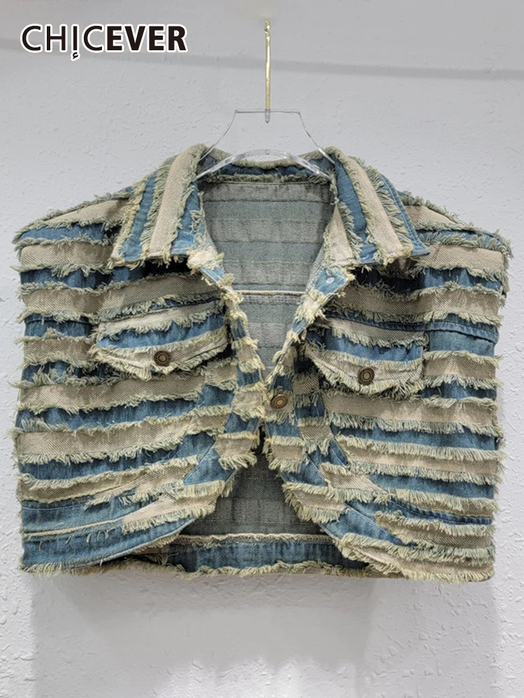 

CHICEVER Hit Color Denim Waistcoats For Women Lapel Sleeveless Patchwork Button Slim Spliced Tassel Summer Waistcoat Female 2023