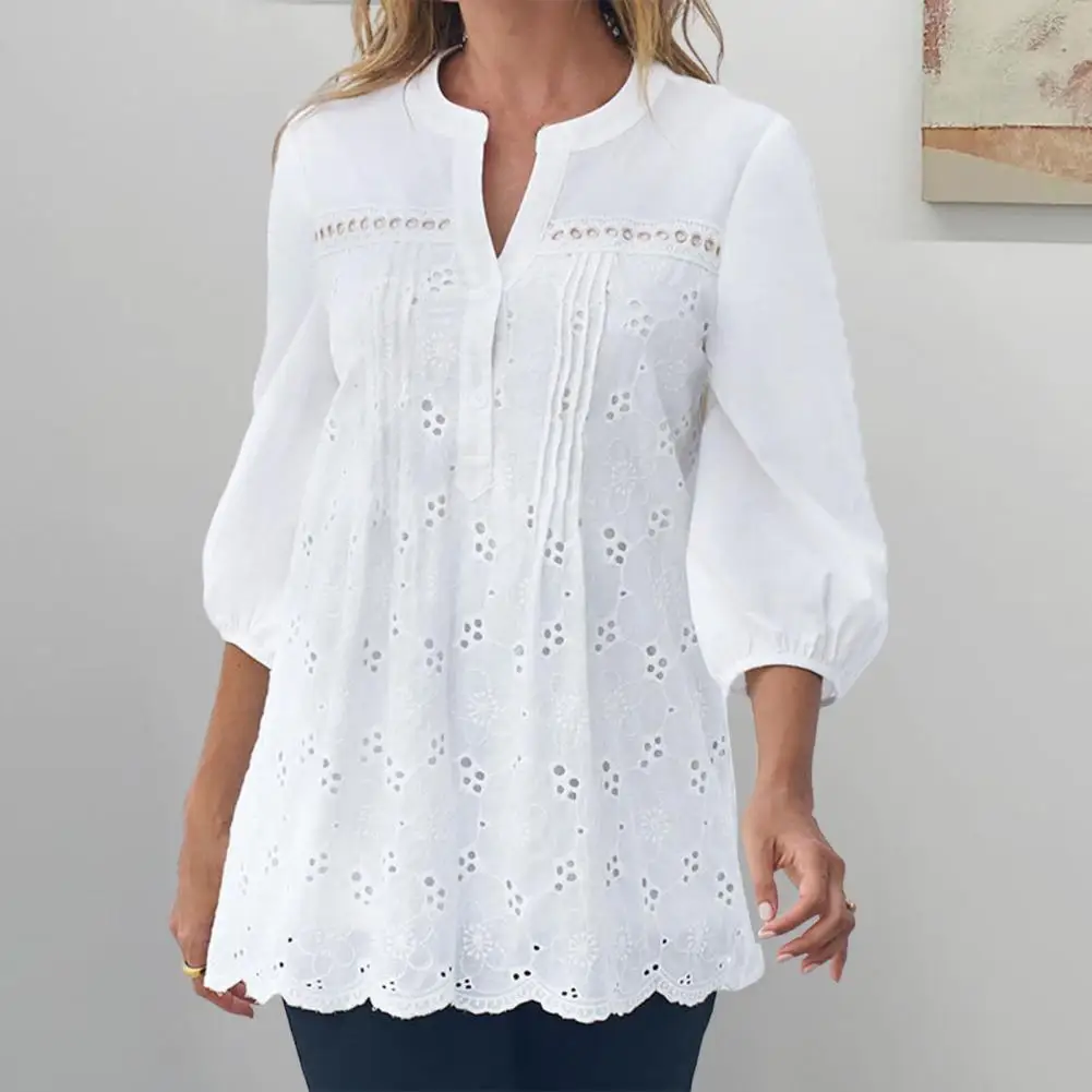 

Women Shirt V Neck 3/4 Lantern Sleeve Button Half Placket Solid Color Shirt Autumn Sweet Hollow Lace Patchwork Blouse Streetwear