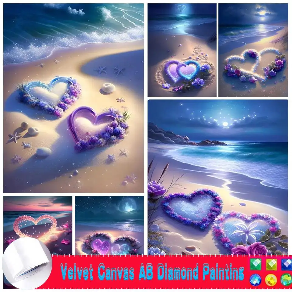 

Romantic Purple Beach 5D DIY Rose Love Scenery Full Circle Velvet Canvas AB Diamond Painting Embroidery Home Decor