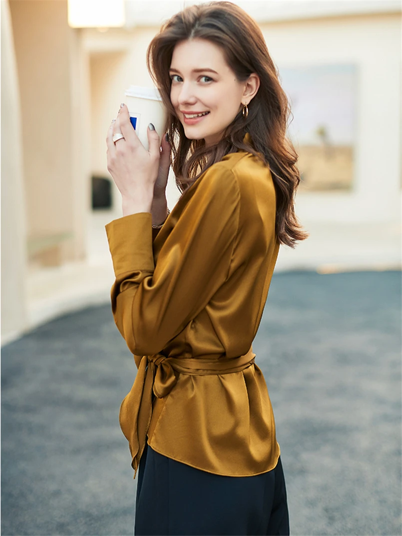 Весна 2024 модная атласная блузка женская элегантная с перекрестными шнуровками