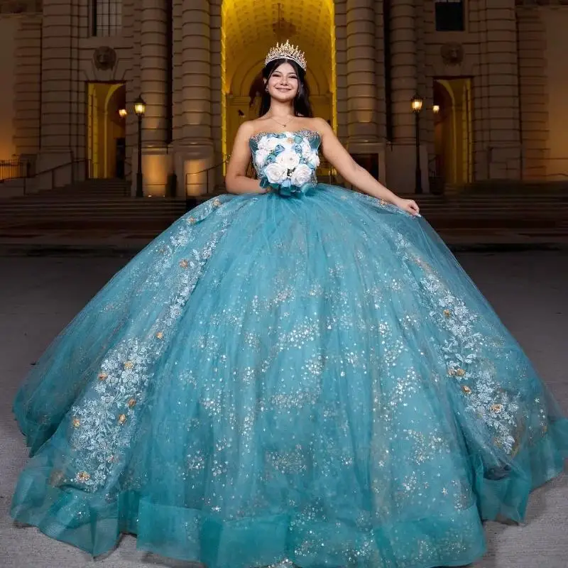 Морское синее блестящее бальное платье Quinceanera Платья с блестками и аппликациями