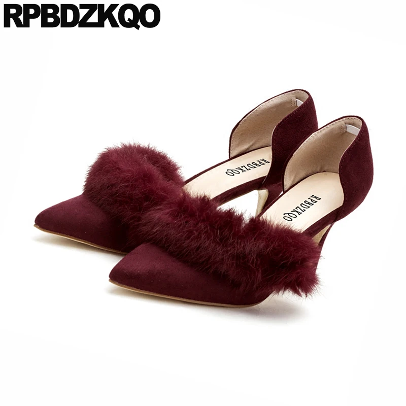 насосы милая 2018 обнаженный мех котенок сандалии Slingback Указательный палец средняя