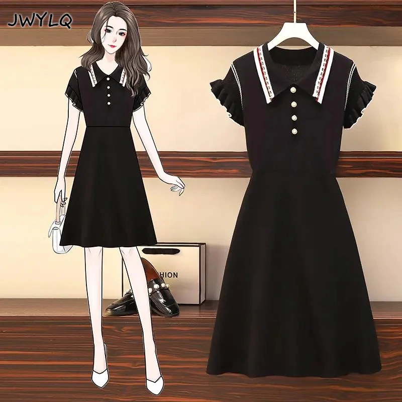 

Summer Short Sleeve Polo Collar Button Knitted Dress Fashion Slim Flying Sleeve High Waist Hit Color Dress Casual Women Clothing