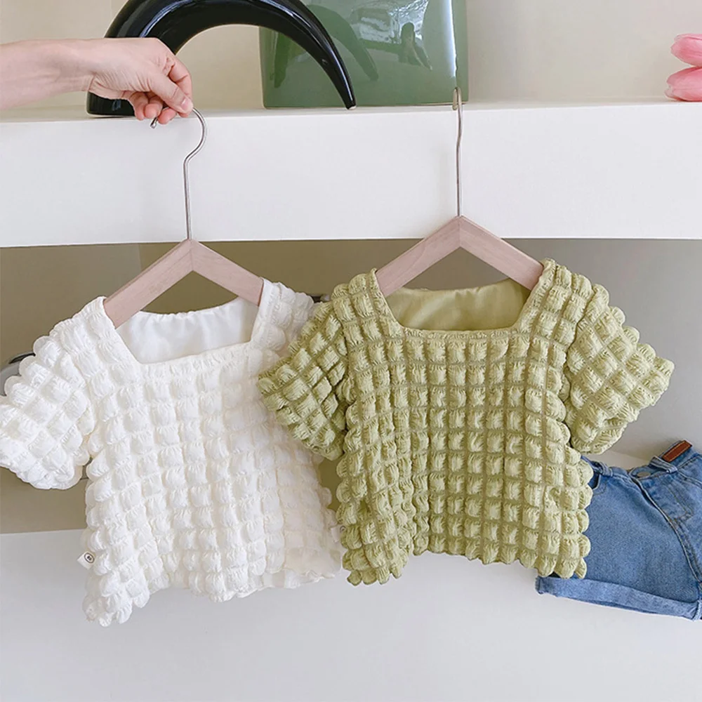 

Girls Tshirt Solid Color Fashion Square Collar Princess Birthday Toddler Clothing Kids Tops Tees