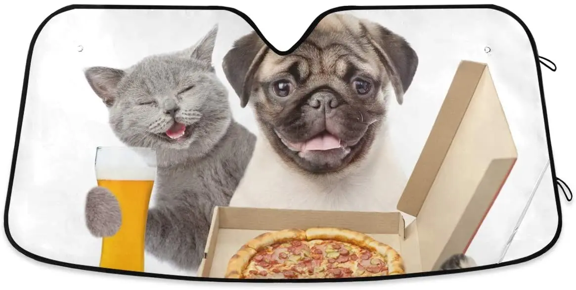 

Funny Cat Pug Dog Pizza Car Windshield Sun Shade Block UV Rays Sun Visor Protector Accordion Folding Sunshade Keep Vehicle
