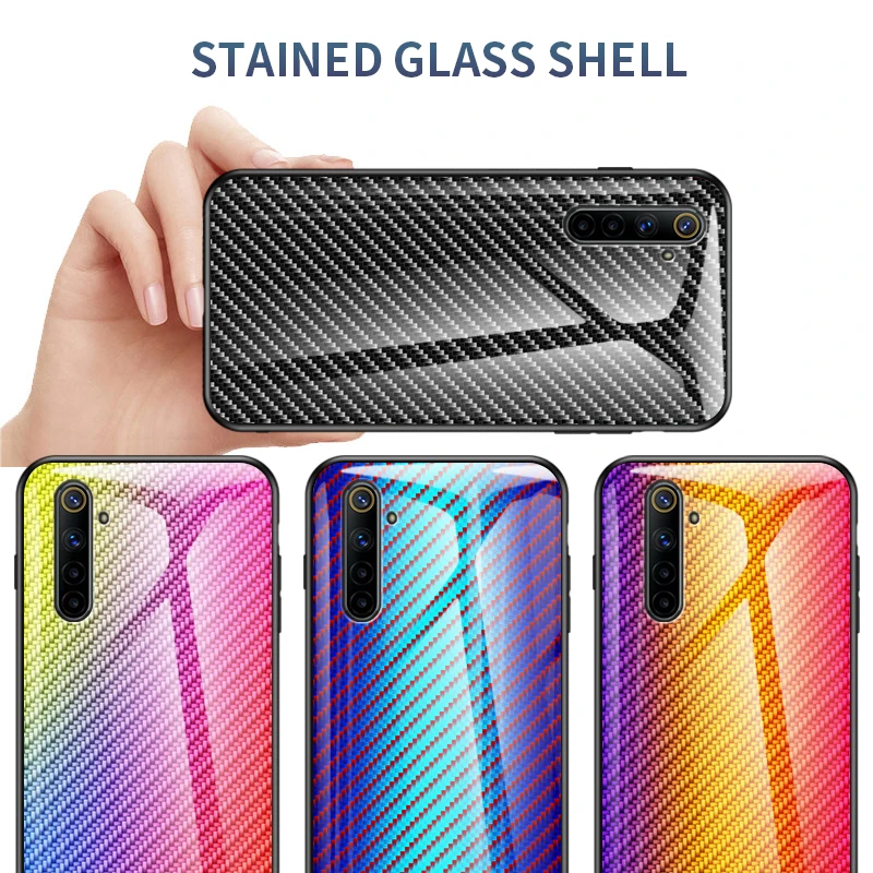 

Gradient Carbon Fiber Tempered Glass Case For Realme 9 Pro Plus 8 4G 5G 7i 6 C21 C15 C17 C31 V20 XT V20 Ultra Slim Protect Cover