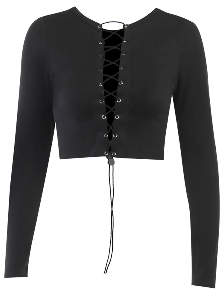 

Винтажная бандажная футболка с длинным рукавом, черный сексуальный женский укороченный топ с вырезом на шнуровке, популярный топ для девуш...