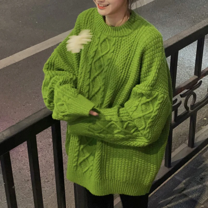 

Зеленый женский свитер, сезон осень-зима 2022, толстый свободный крой, винтажный милый Вязаный топ с завязками