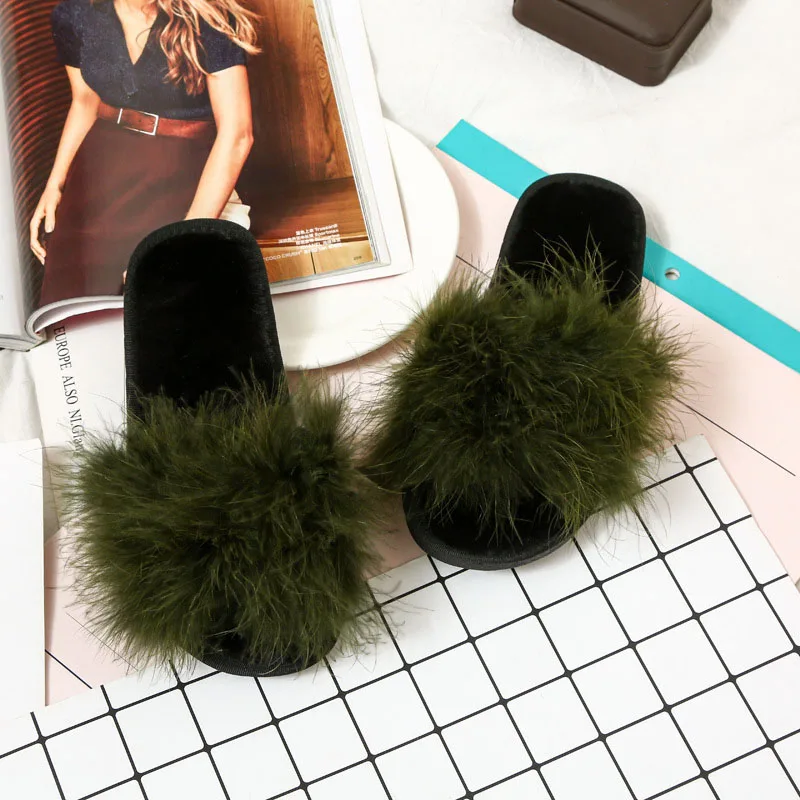 

Women's Sexy Fashion Slide Slippers-Furry Turkey Feather Open Toe Comfy Fuzzy Suede Lined House Sandals Large Size