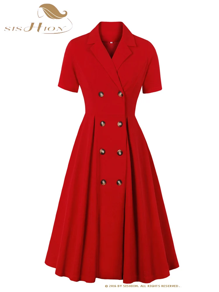 

SISHION Double Breasted Elegant Red Office Ladies Dresses 2023 Notched Collar High Waist Women Summer Autumn Vintage Midi Dress