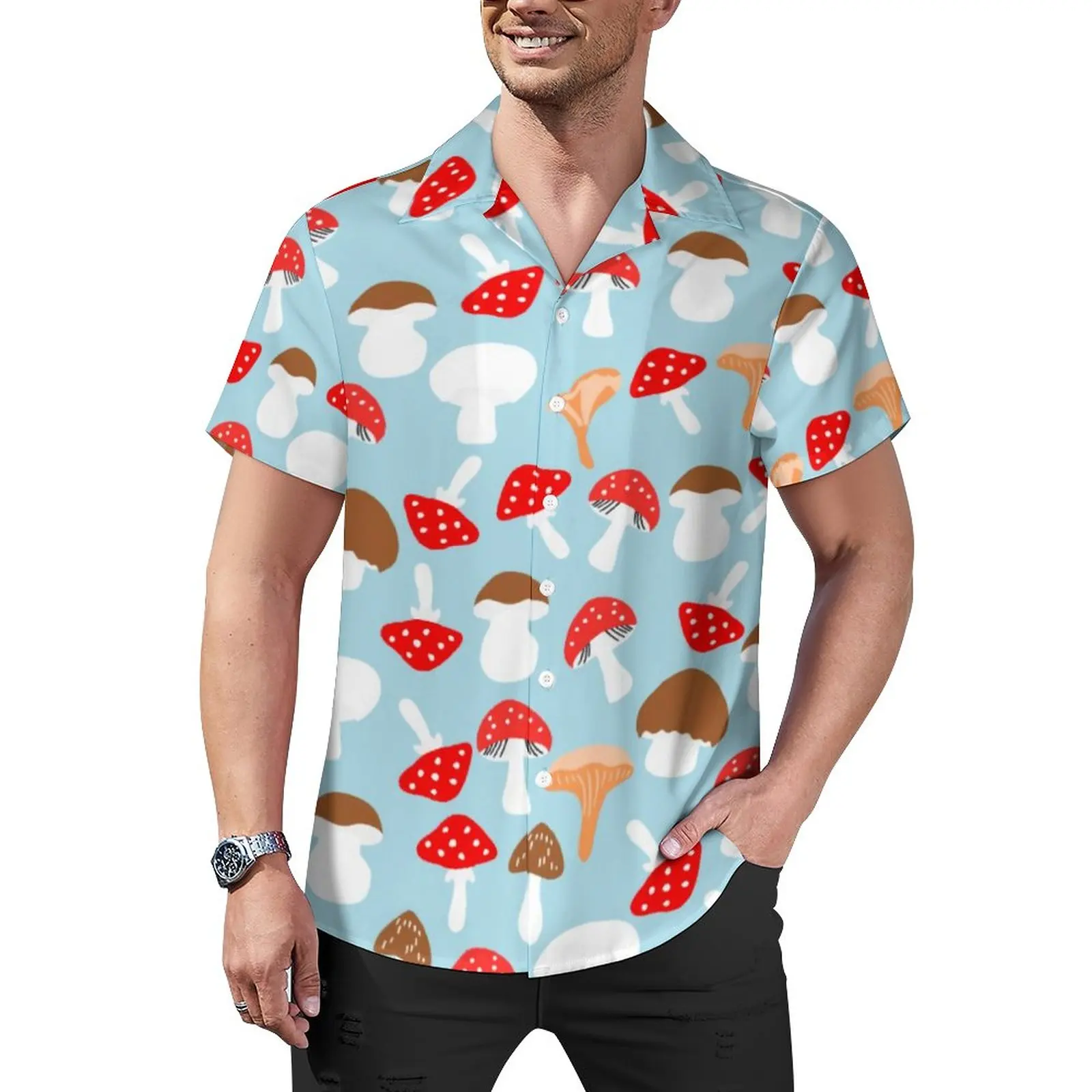 

Cute Mushroom Casual Shirts Colorful Mush Beach Shirt Summer Y2K Blouses Men Print Large Size