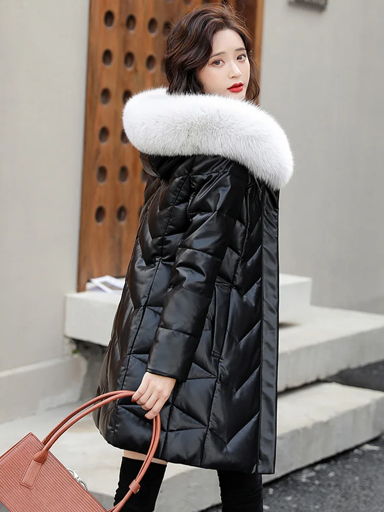 New Women Leather Down Coat Elegant Fashion Hooded Real Fox Fur Collar Thicken Warm Slim White Duck Down Sheepskin Outerwear