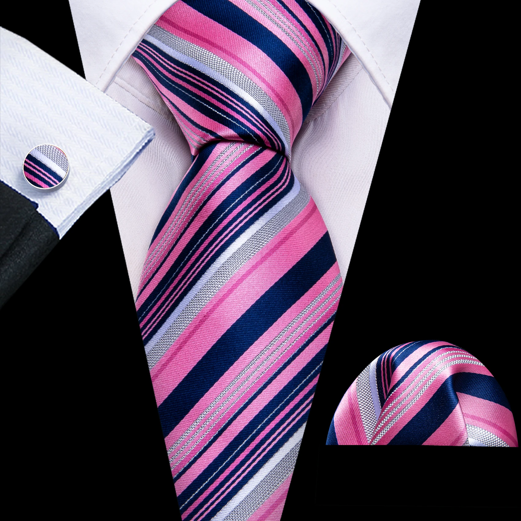 

Luxury Pink Blue Stripe Silk Tie Mens Fashion Necktie Pocket Square Cufflinks Sets Groom Party Birthday Designer Barry.Wang 6497