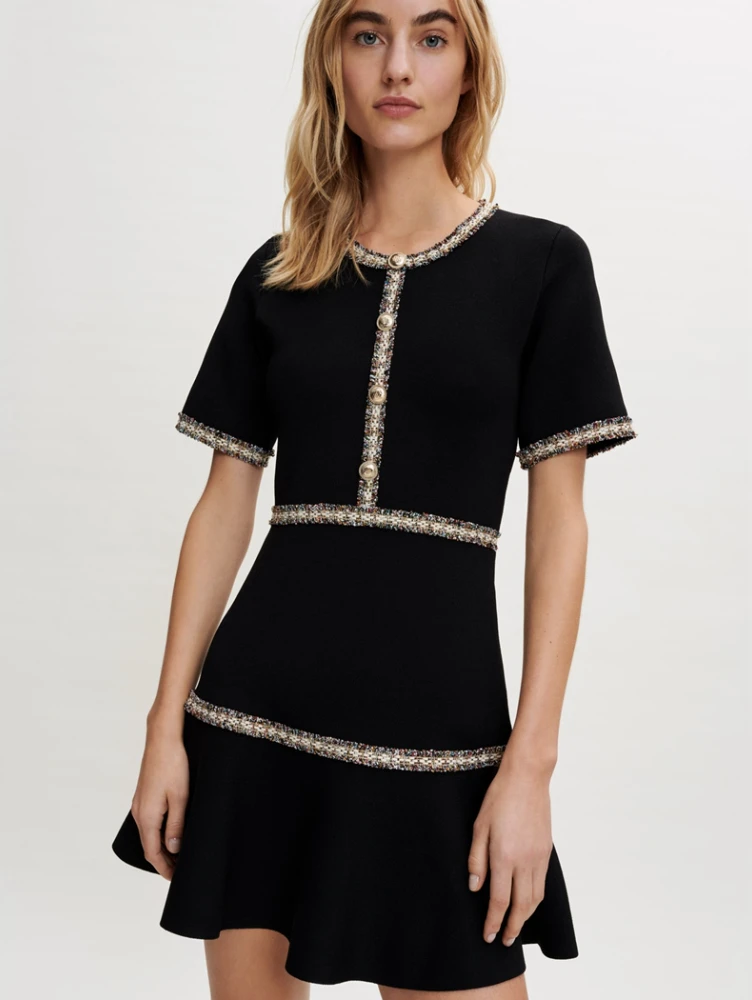 

Tweed Round Neck Short-sleeved A-line Skirt for MAJ* 2022 Summer New Solid Color Stitching Slimming Contrast Knitted Black Dress