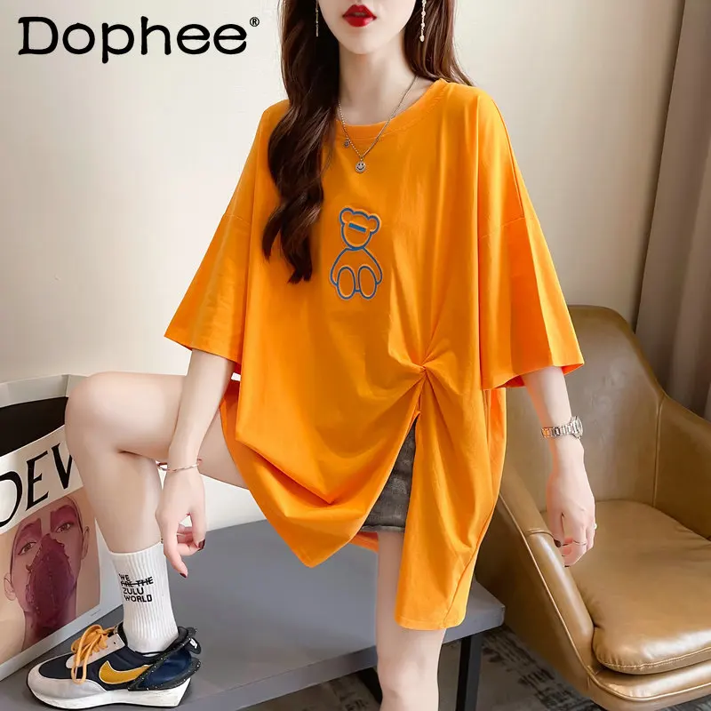 

Cartoon Print Irregular Split Short-Sleeved T-shirt Women 2022 Summer New Clothes Loose Oversized Slim Candy Color Tshirt Tops