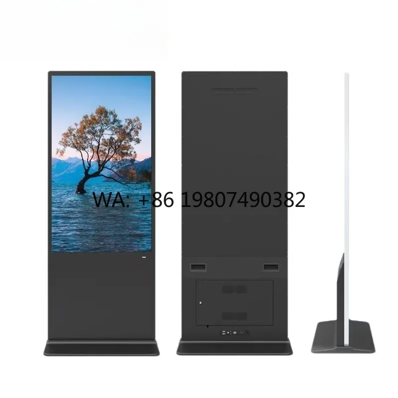 Фото 55-дюймовый 4K IPS LED-киоск с сенсорным экраном, подсветкой по периметру, на передвижной напольной стойке, со встроенной CMS, черно-белый №1