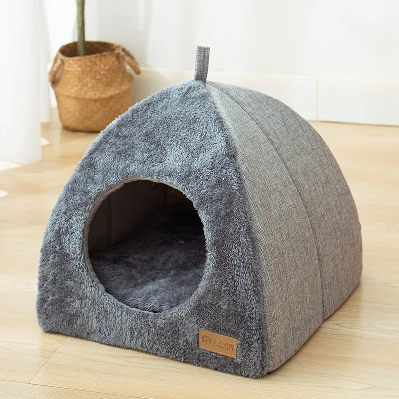 

Semi-enclosed Cat Bed Non-slip Pet Kennel Gray Kitten House Indoor Sleeping Cats Cave Bed Plush Foldable Small Dogs Tent Stuff