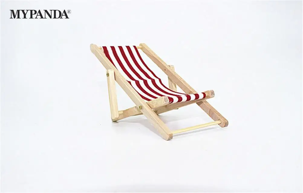 Foldable 1:12 Scale Wooden Deckchair Lounge Beach Chair For Lovely Miniature Dolls House Decor Color In Green Pink Blue images - 6