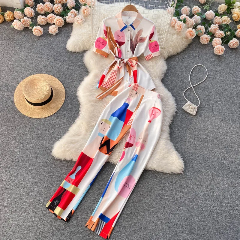 

Женский винтажный костюм с принтом, рубашка с коротким рукавом и брюки с высокой талией, офисный костюм из двух предметов свободного кроя, Н...