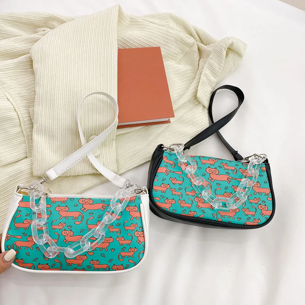 

Elegant Acrylic Chain Shoulder Armpit Bag Small Strawberry Cat Printing Messenger Bag Women PU Leather Handbags