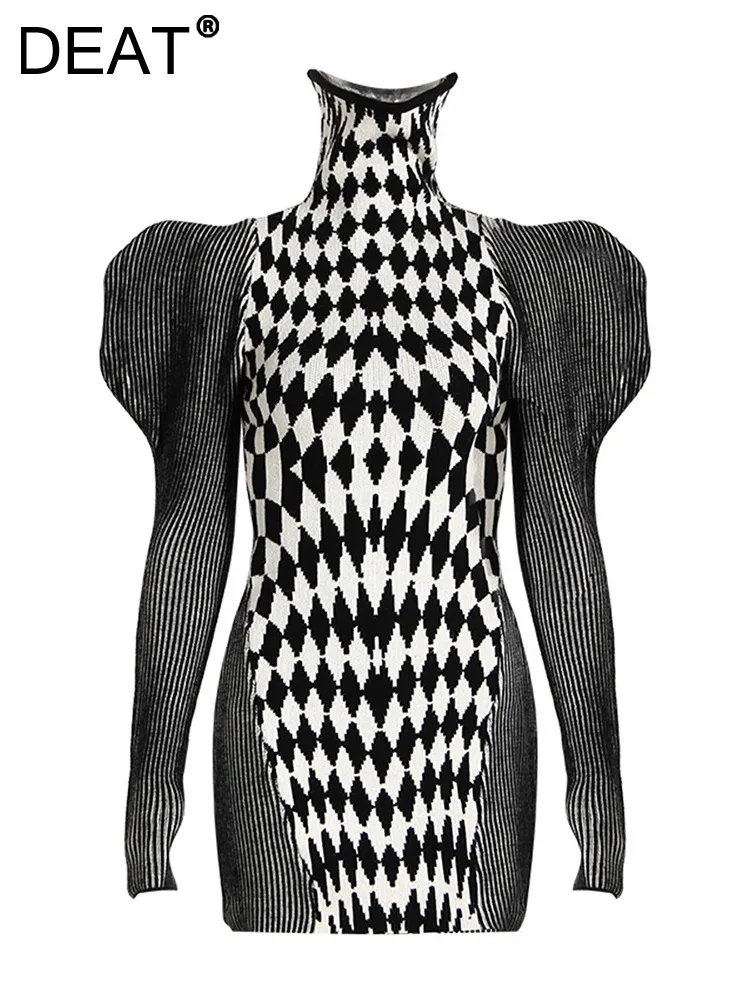 

Женское трикотажное платье-водолазка DEAT, облегающее короткое платье в клетку с запахом и поясом на бедрах, новинка зимы 2023, 7AB2385