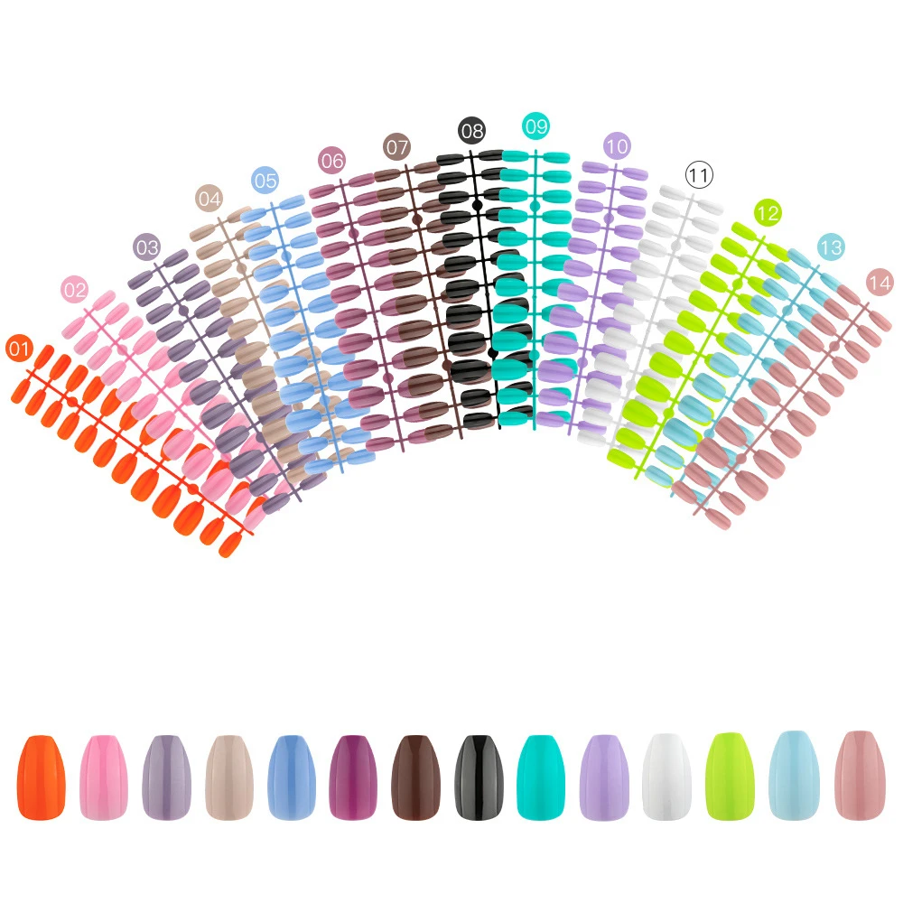 

Wholesale Price Sells 24 Pcs of Bright Solid Color Full Sticker T Shaped Short Ballet Wearing Fake Nails Coffin Manicure Patch