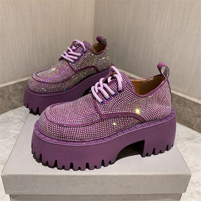 2023 Rhinestone Full Diamond Lace-up JK Leather Shoes Loafers Platform Muffin Square Heel Heighten Casual Shoes Women's Shoes
