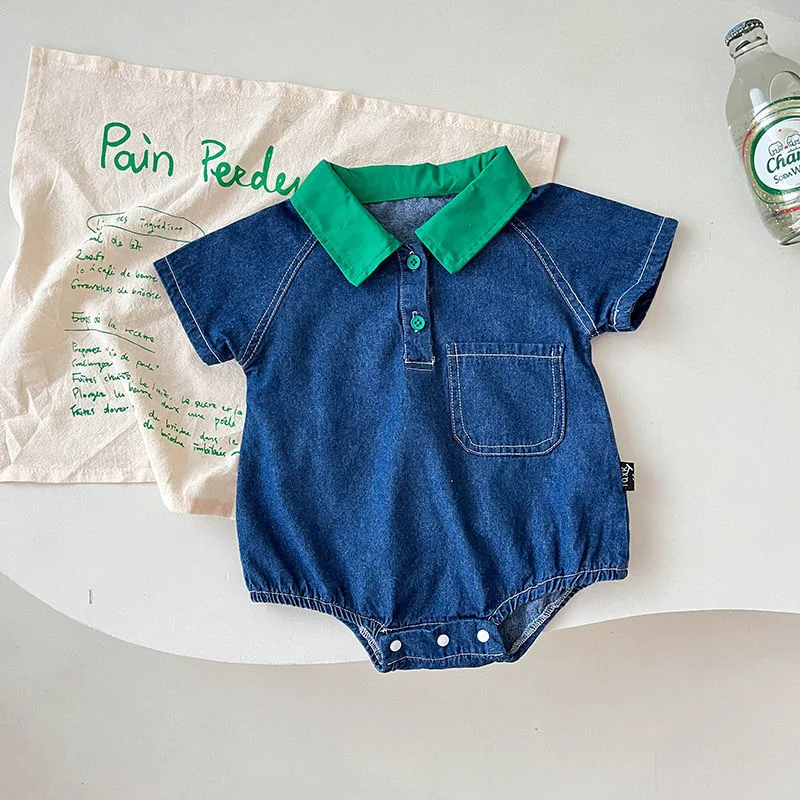 

Cute Baby One Piece Jeans Lapel Button Short Sleeve Mock Pocket Summer Soft Material Baby Out Clothes Blue Jeans Boys and Girls