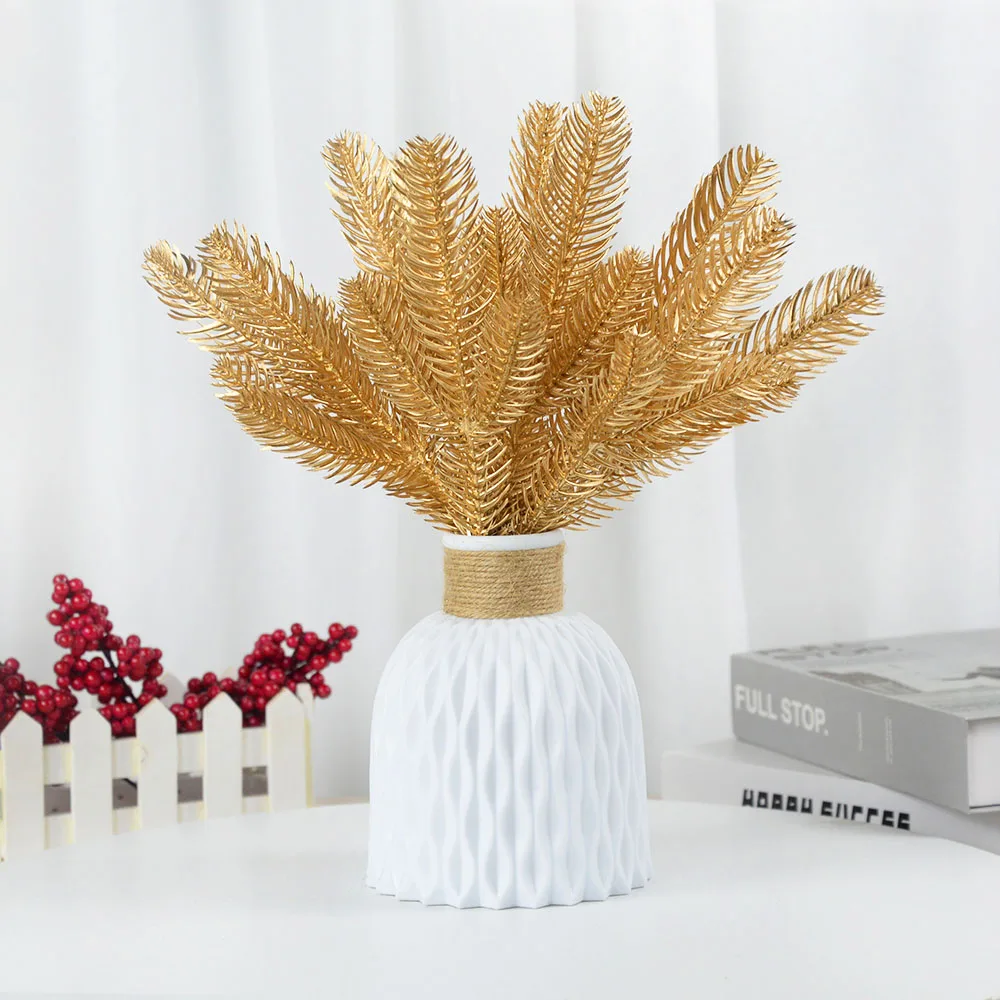 

5pcs Christmas Gold Silver Pine Needle Simulation Plant Christmas Tree Ornament Decorations for Home DIY Wreath Gift Box Decor