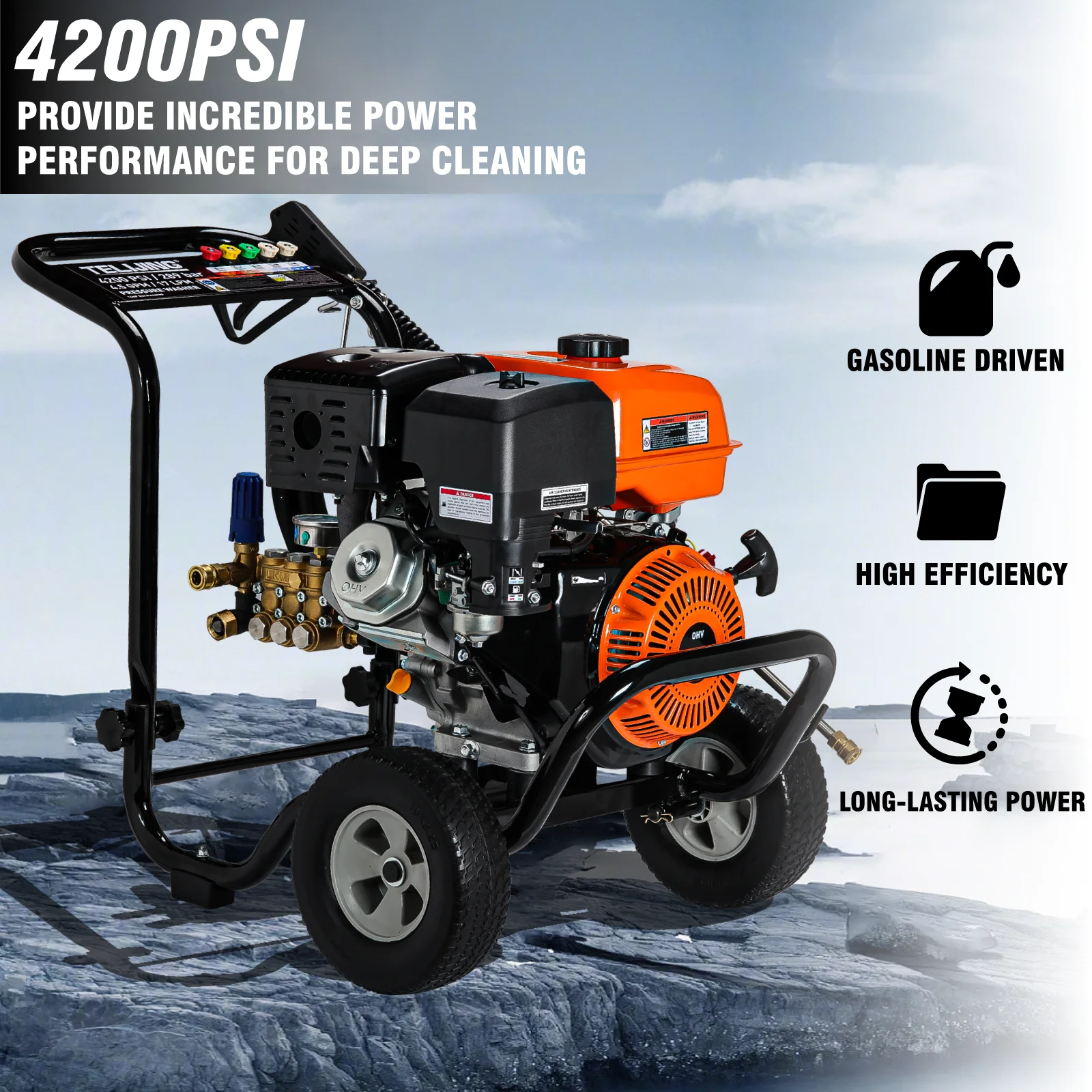 Фото Мощная мойка высокого давления AR Pump 4200PSI с двигателем TJ190F, 15-метровым шлангом, на колесах, беспроводная, для очистки складских погрузочных доков №1