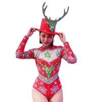 sparkling rhinestones elk pattern printing bodysuits hat christmas ladies costume personality performance nightclub dance wear