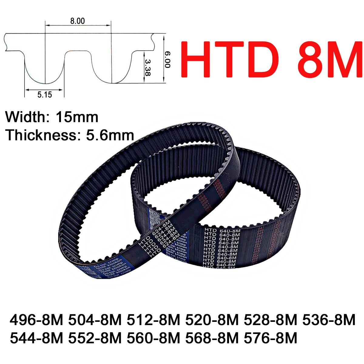 

1Pc Width 15mm 8M Rubber Arc Tooth Timing Belt Pitch Length 496 504 512 520 528 536 544 552 560 568 576mm Synchronous Belt