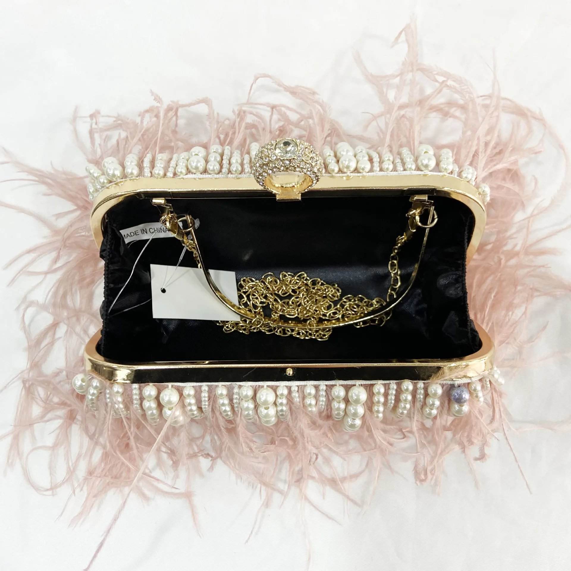 Women Shoulder Bag Pearl Luxury Ostrich Feather Handbag Evening Bags Ladies Messenger Bag Purse Pink White Dinner Party Clutches