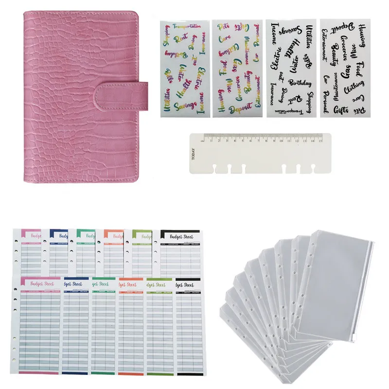

A6 Crocodile PU Leather Notebook Binder Budget Planner Organizer 6 Ring Binder Cover Pockets and 12 Pieces Expense Budget Sheets