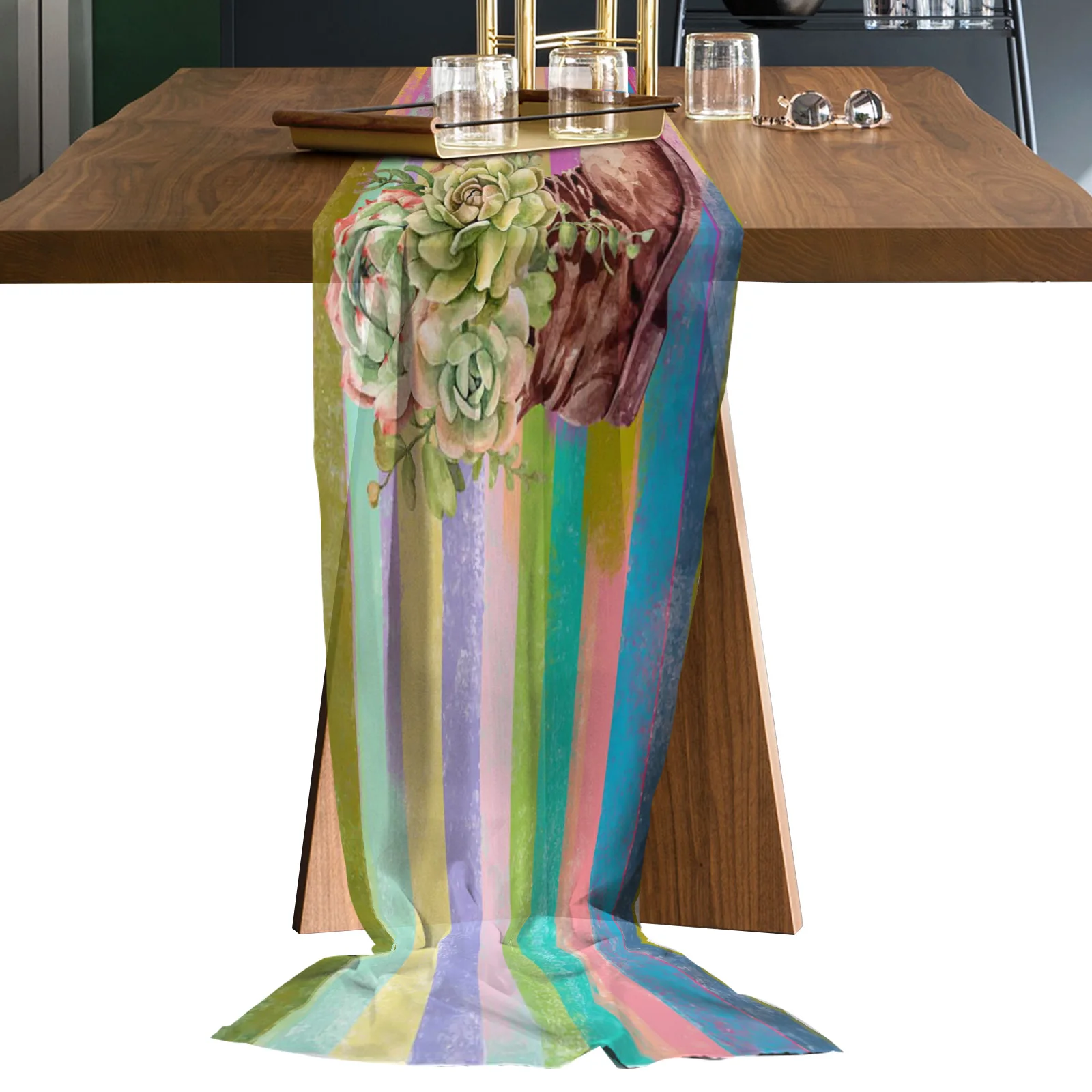 

Tropical Succulents Shoes Colorful Chiffon Table Runners Wedding Party Decor Tablecloth Gauze Table Runner for Home Coffee Table