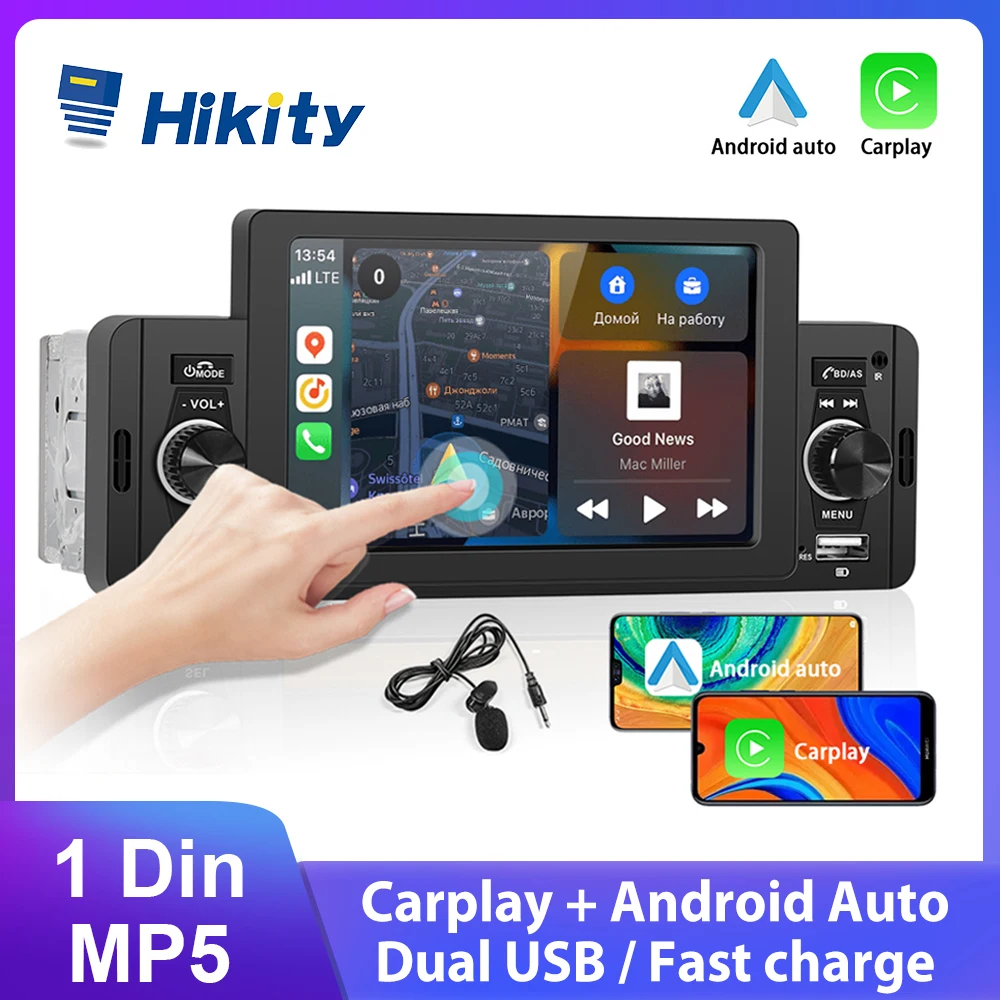 

Автомагнитола Hikity 1 Din, автомобильное радио Carplay, MP5-плеер, автомобильное стерео, цифровое Bluetooth, аудио, FM, музыка, стерео с двойным USB, вход AUX