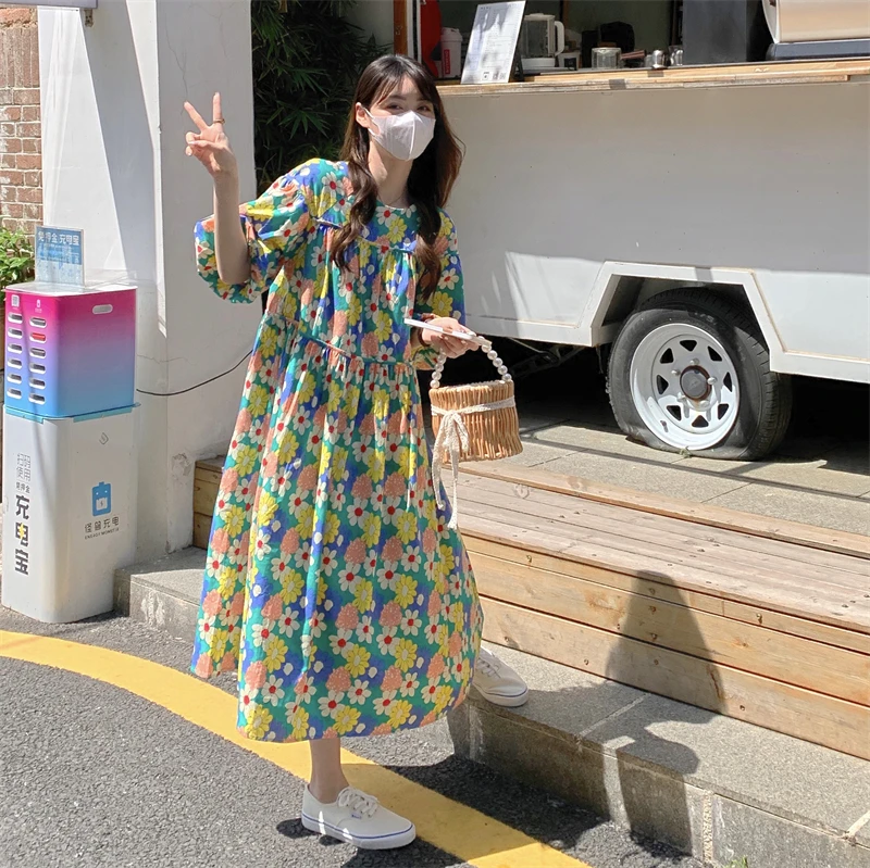 

GBB2770 Bubble Sleeve Fragmented Flower Dress Women's Summer 2023 New Vintage Design High Waist Mid Length 5/4 Sleeve Skirt
