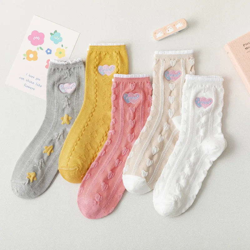 

Heart Embroidery Woman Sock Elegant Women Cotton Socks Casual Thin Sox Girl Sweet Lolita Soft Spring Summer Kawaii Trendy Sokken