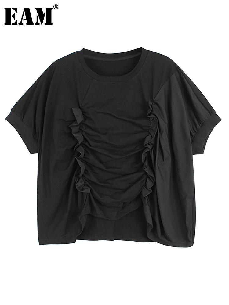 

[EAM] Women Black Ruffles Design Big Size Casual T-shirt New Round Neck Short Sleeve Fashion Tide Spring Summer 2022 1DE8120