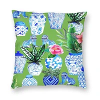 blue and white chinese ginger jars on green cushion cover pottery emerald chinoiserie porcelain pillow case home decoration