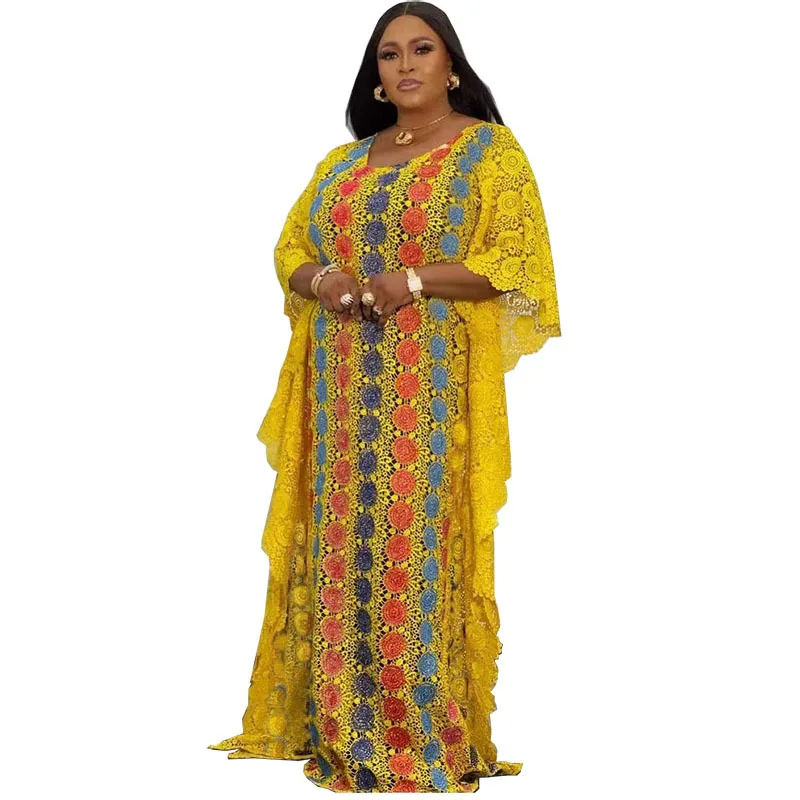 

Lace Plus Size Dresses for Women Spring African Women Short Sleeve Yellow O-neck Long Robes African Dresses African Clothes