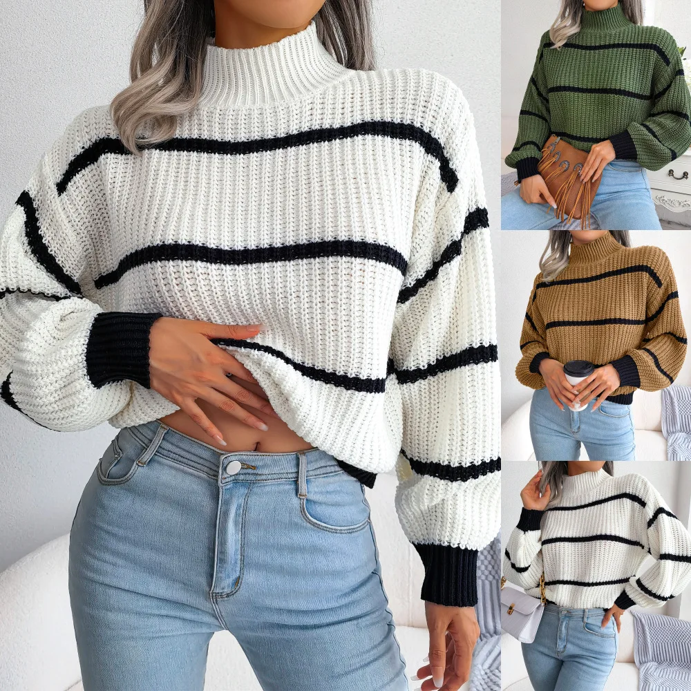 Autumn Winter Women Sweater Top Casual Striped Lantern Sleeve Half-High Neck Knitted Sweater Fashion Top