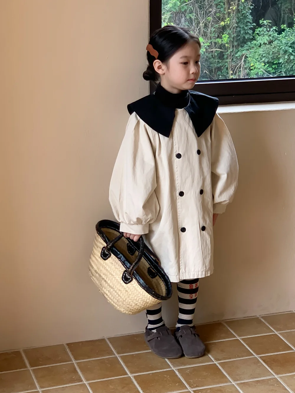 

Children's Trench Autumn Korean Girls Windbreak Solid Color Lapel Baby Bubble Sleeve Jacket Kids Mid-long Girls Trench Coat