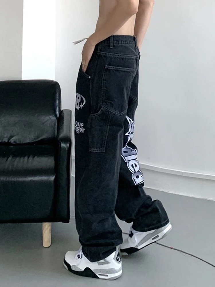 Men Pants Loose Jeans Street Clothing Retro Hip Hip Hip -hop Alphabet Embroidered Jeans Loose Straight Leg Pants Wide Leg Pants