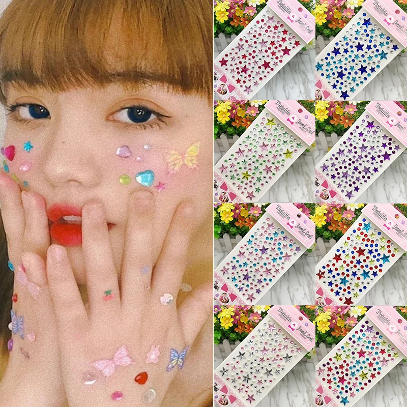 

3D Face Jewel Pentagram Crystal Diamond Disposable Tattoo Stickers DIY Women Eyes Face Body Rhinestones Waterproof Makeup Art