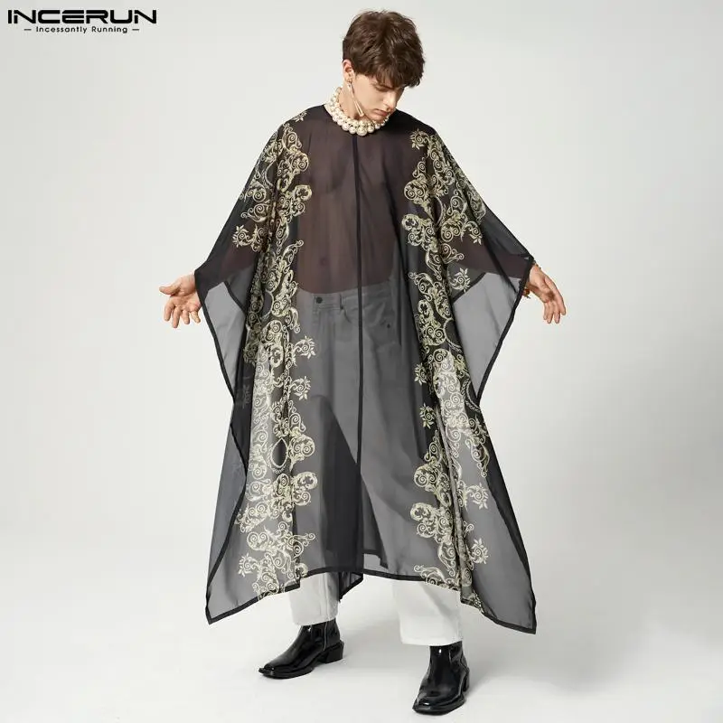 

INCERUN Men Long Style T Shirt Mesh Transparent Printing Streetwear Irregular Tee Tops Cloak Split Sexy Fashion Casual Camisetas