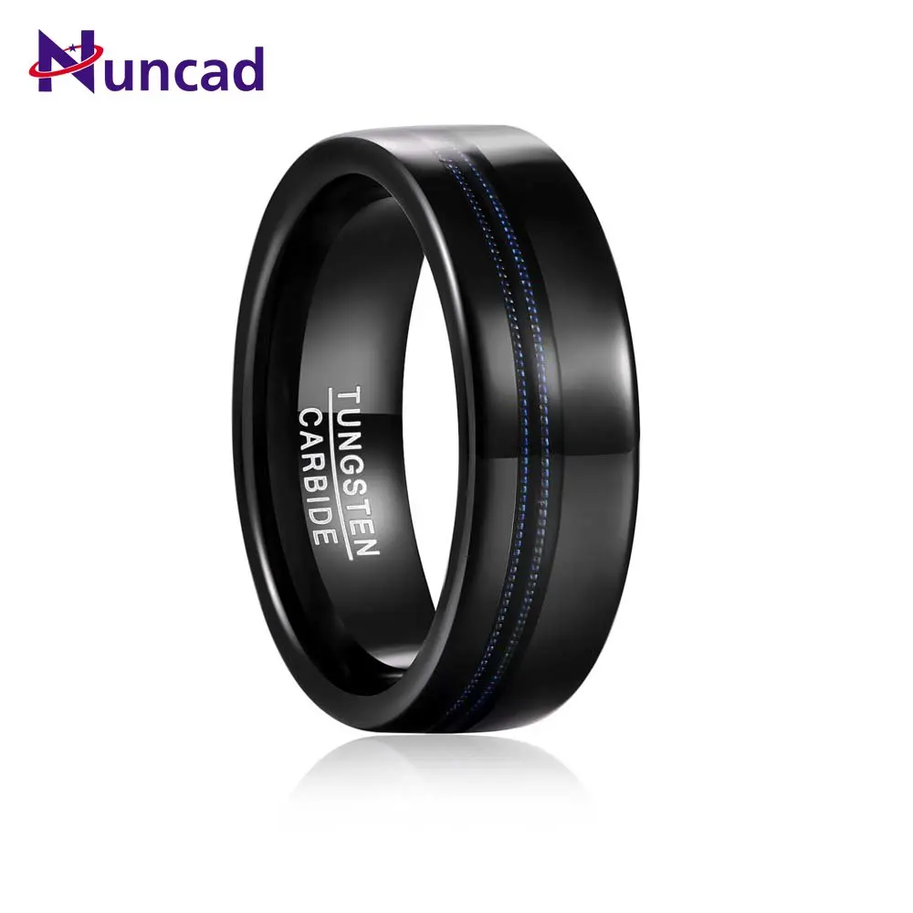 

NUNCAD 8mm Electric Black Polished Blue Guitar StringsTungsten Steel Ring Fashion Wedding Bands Rings for Men Size 7-12