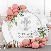 first holy communion party photo background customized marble flowers cross mi bautizo baptism celebration round circle backdrop