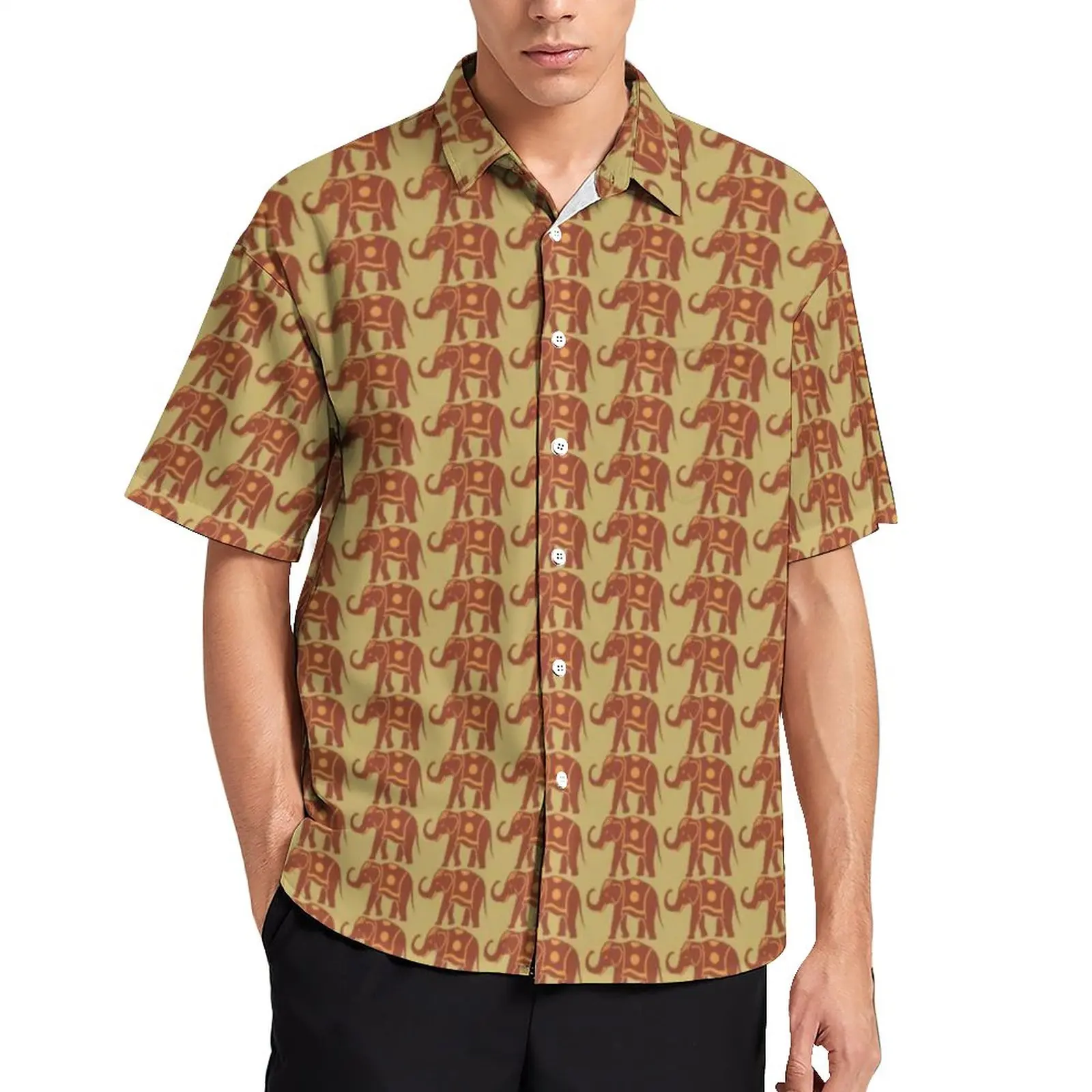 

Retro Elephant Casual Shirts Indian Elephants Orange Beach Shirt Hawaiian Funny Blouses Male Print Plus Size